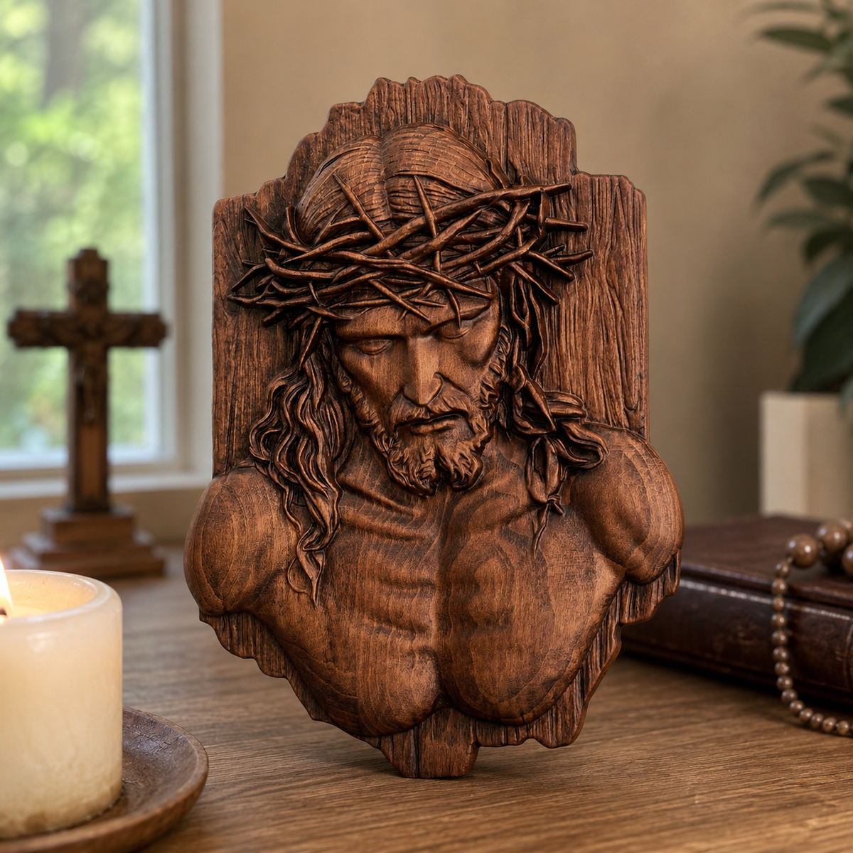 Jesus Crown of Thorns Beechwood Sculpture