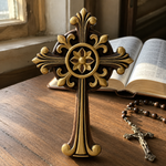 Beechwood Ornate Cross – Gold Accented Christian Wall Cross