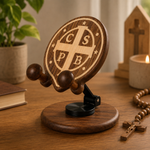 Black Walnut St. Benedict Cross Phone Stand—Foldable and Adjustable Christian Desktop Stand - gift presentation