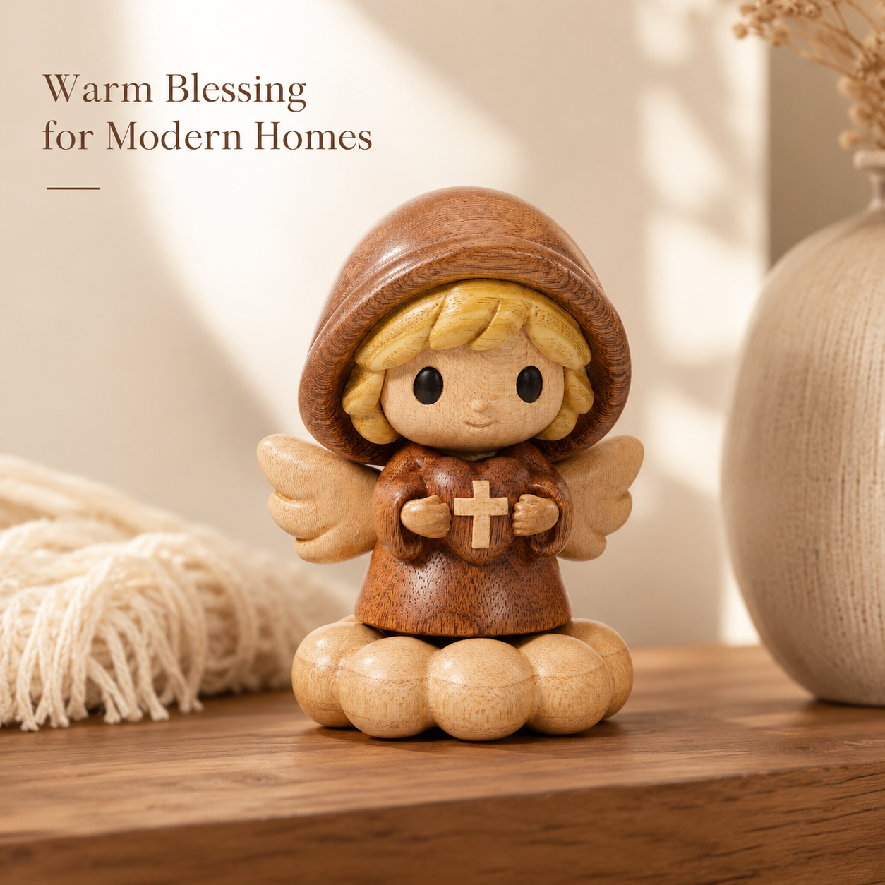Wooden Angel Blessing Figurine – Original Wood Inlay Craft Gift Decor