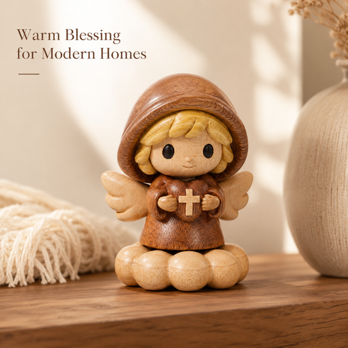 Wooden Angel Blessing Figurine – Original Wood Inlay Craft Gift Decor