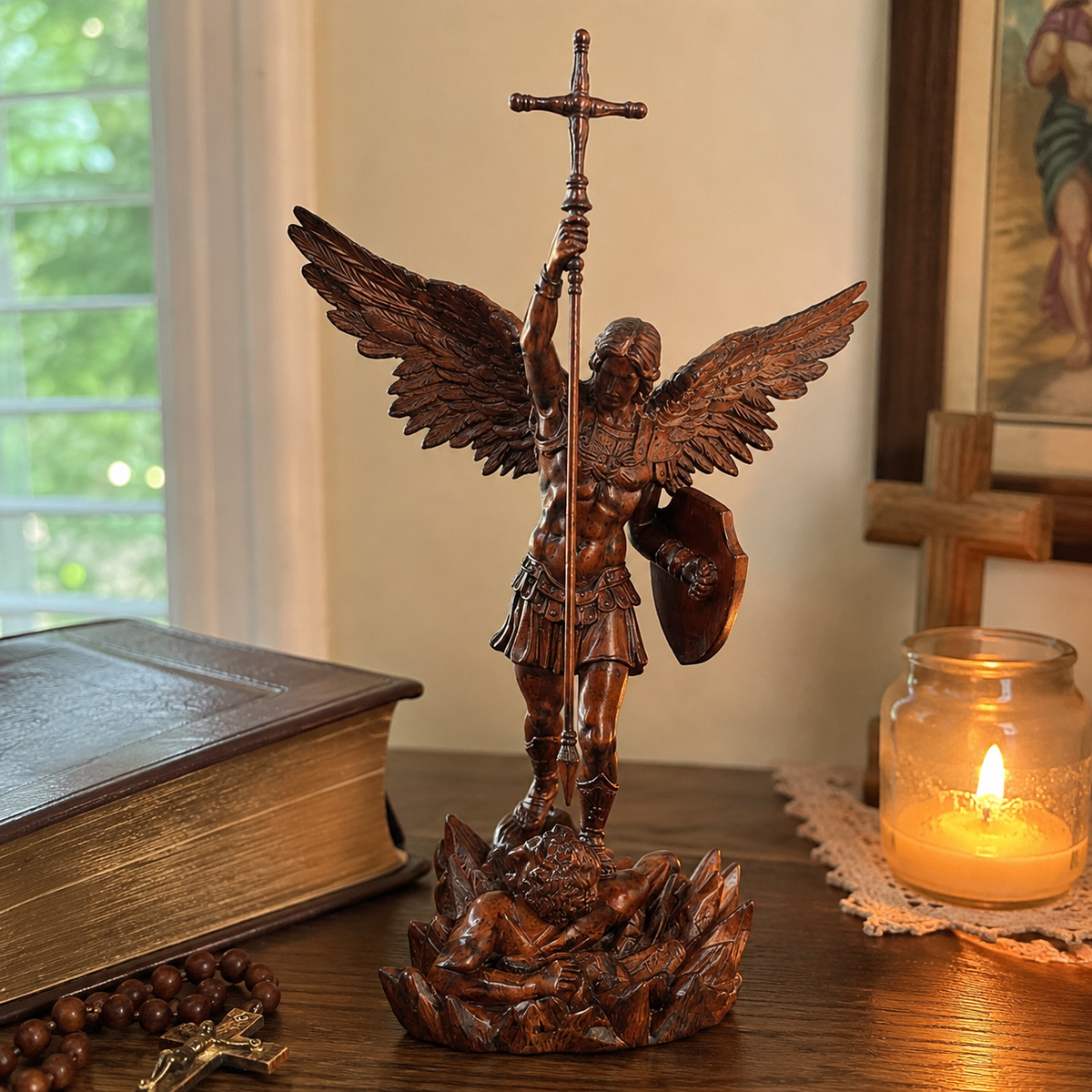 St. Michael the Archangel - Hand Carved Boxwood Sculpture - Spiritual Guardian for Prayer Spaces - Christian gift presentation