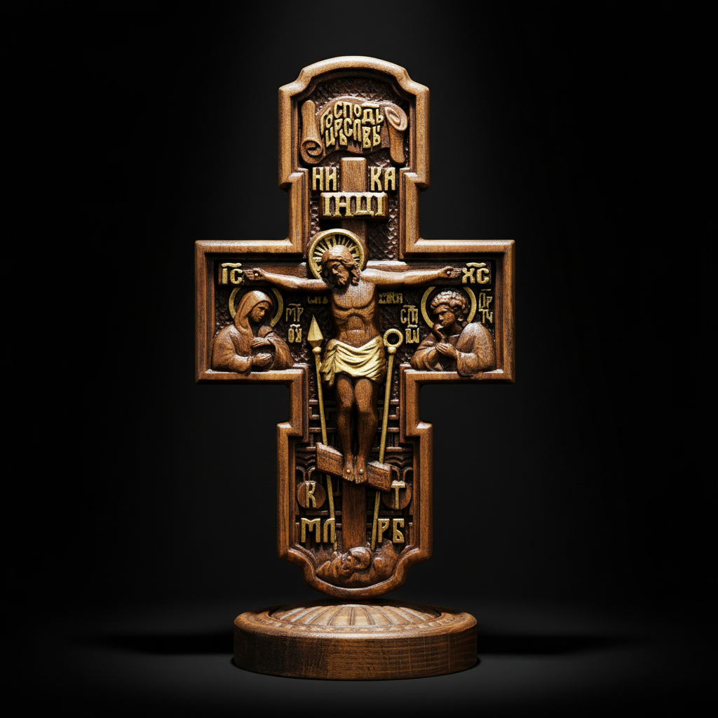 Double-Sided Icon Wood Carving ✝ | Hand-Carved Crucifix & Saints Beechwood Wall Art - design detail