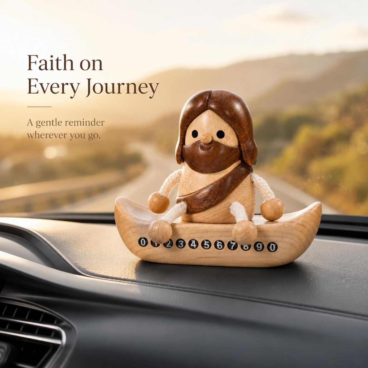 Wooden Jesus Dashboard Decor with Hidden Parking Number Display