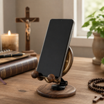 Black Walnut St. Benedict Cross Phone Stand—Foldable and Adjustable Christian Desktop Stand - side view