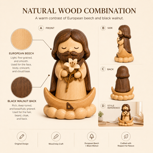 St. Joseph with Lily Wooden Figurine – Original Wood Inlay Blessing Decor