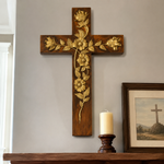 Hand-Carved Rose Cross Wall Art ✝️🌹 | Solid Beechwood Christian Decor with Golden Flowers
