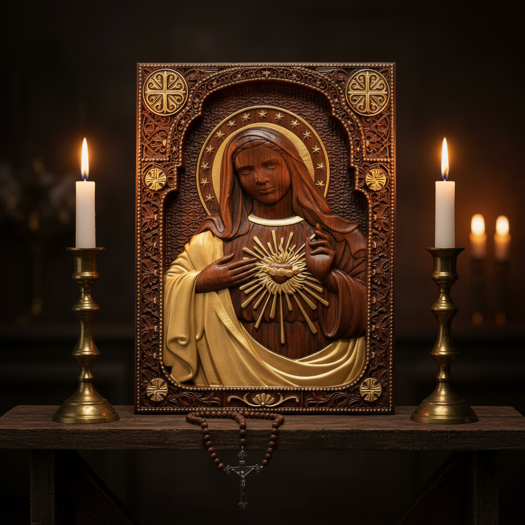 Immaculate Heart of Mary Hand-Carved Beech Wood Sculpture | Sacred Home Altar Ornament for Christian home decor and prayer spaces