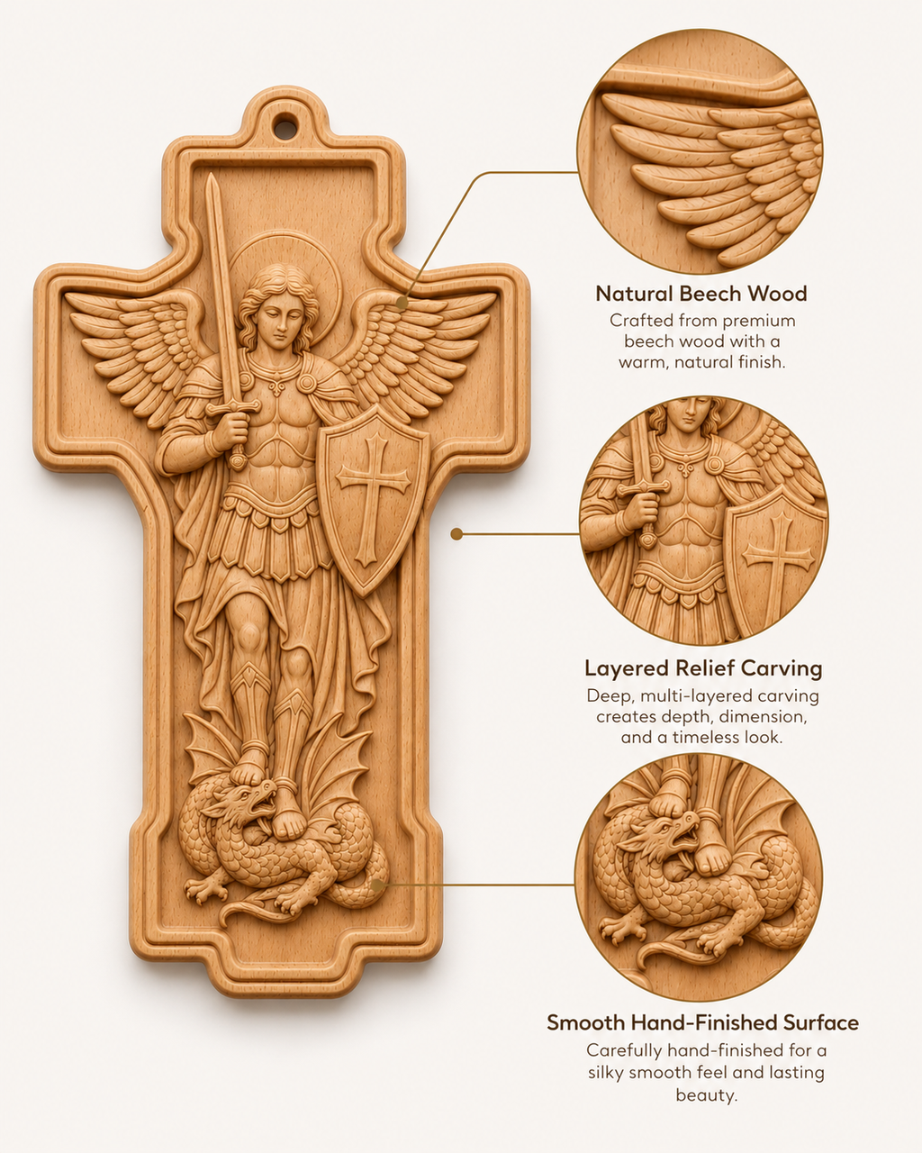 St. Michael Wooden Wall Cross – Beech Wood Relief Carving Christian Wall Plaque
