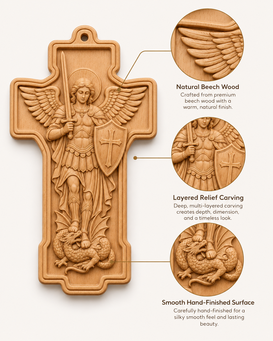 St. Michael Wooden Wall Cross – Beech Wood Relief Carving Christian Wall Plaque