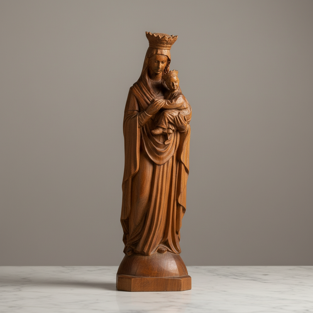 Boxwood Madonna and Child Wood Carving Desktop Ornament for Christian home display and prayer spaces