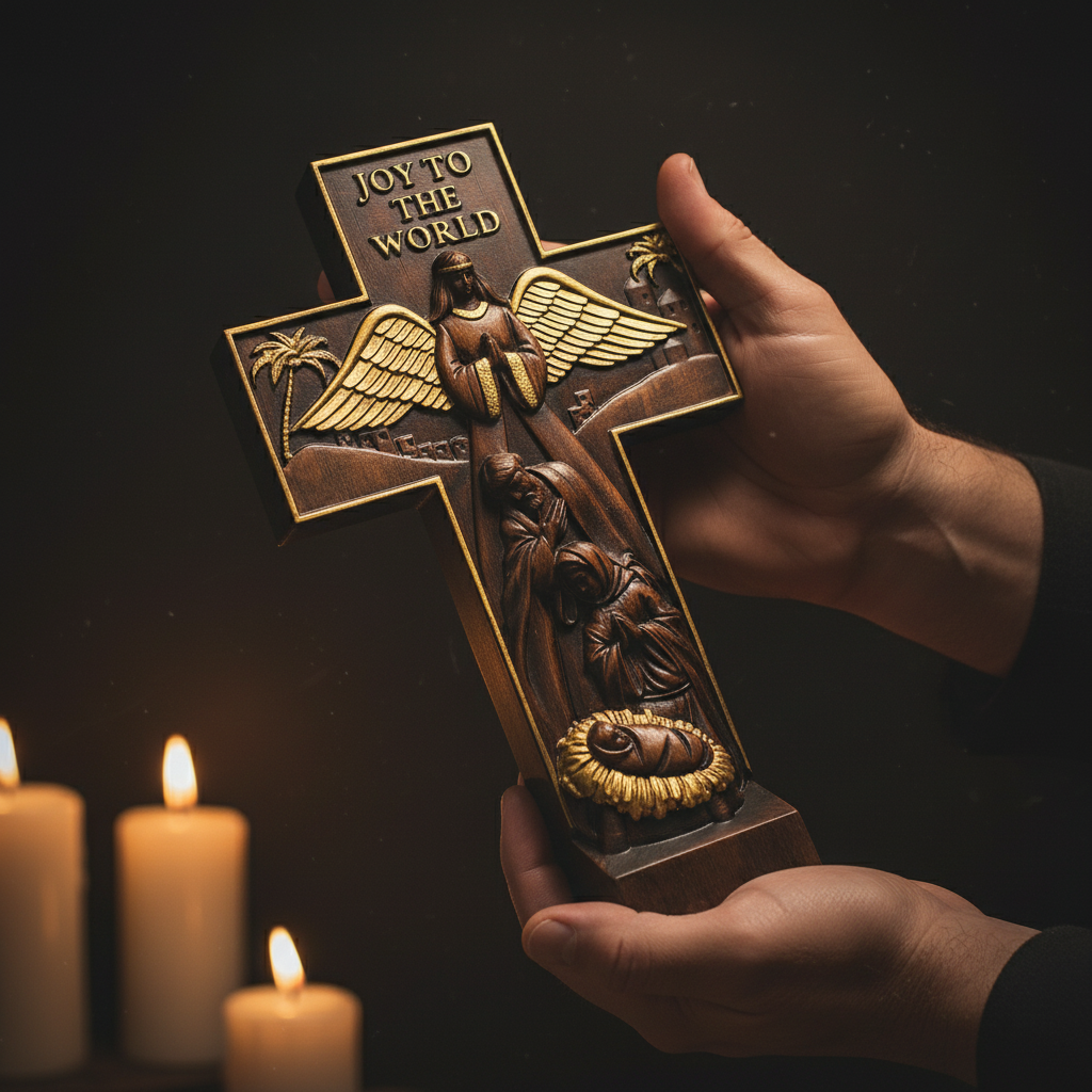 Christmas cross, Nativity cross,Joy to the world wood carving- best Christmas gift - design detail