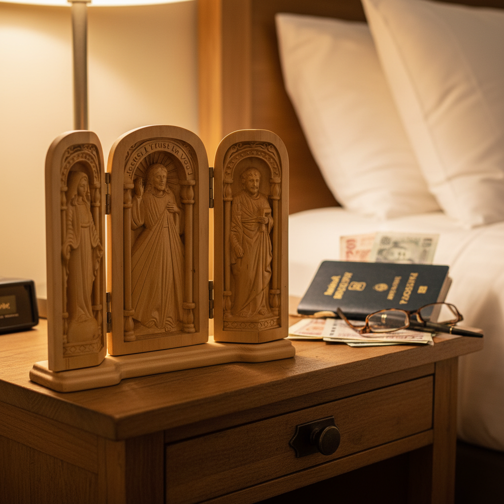 Hand-Carved Travel Triptych Altar: The Holy Family at Your Side - side view