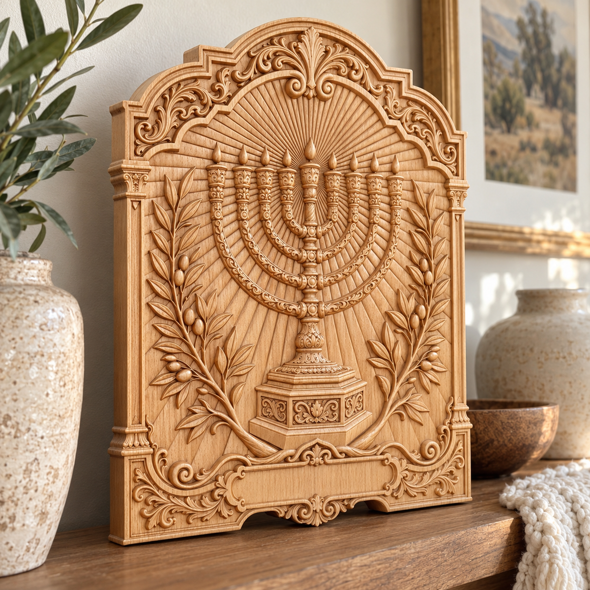Hanukkah Menorah & Olive Tree Beechwood Plaque