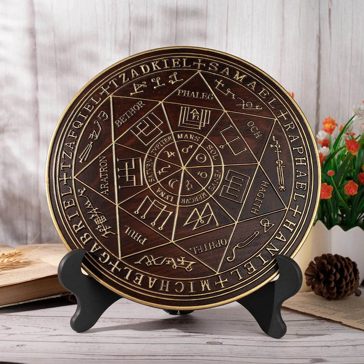 Seven Angels Disc Wood Carving - Amulet to protect against the evil eye, curses and spells - mokarve