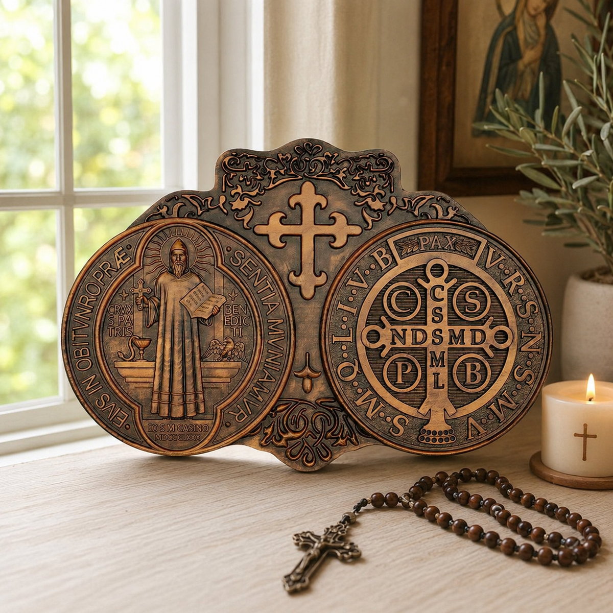 St. Benedict's Exorcism Medal Christian Exorcism Plaque - Wall Decor - faith-inspired design detail