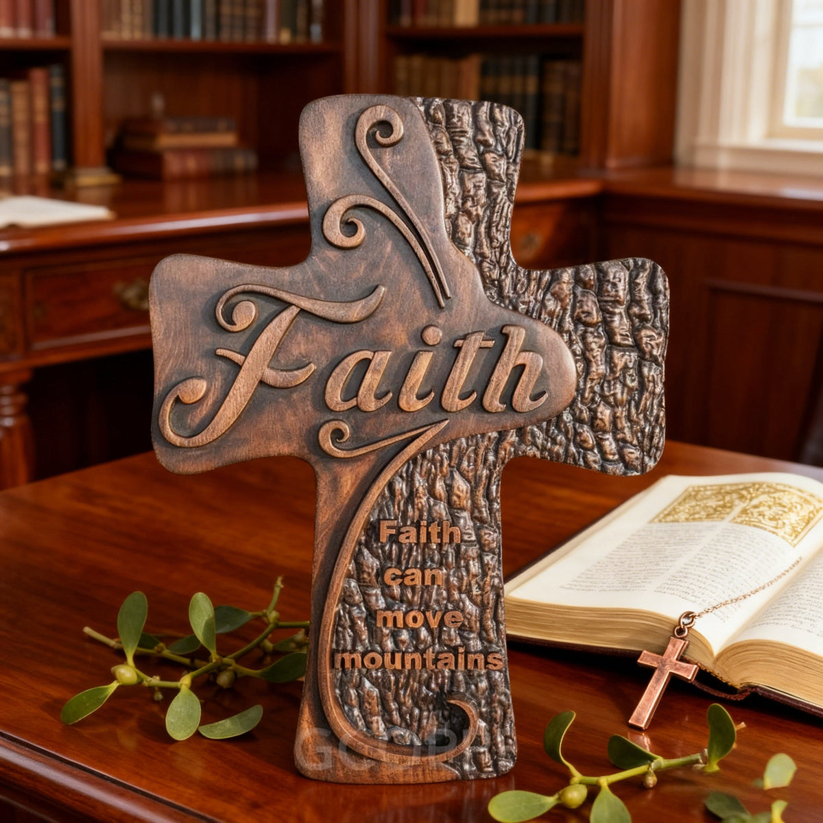 Ornate "Love" "Faith" "Hope" Wooden Cross, Solid Wood Cross - craftsmanship detail
