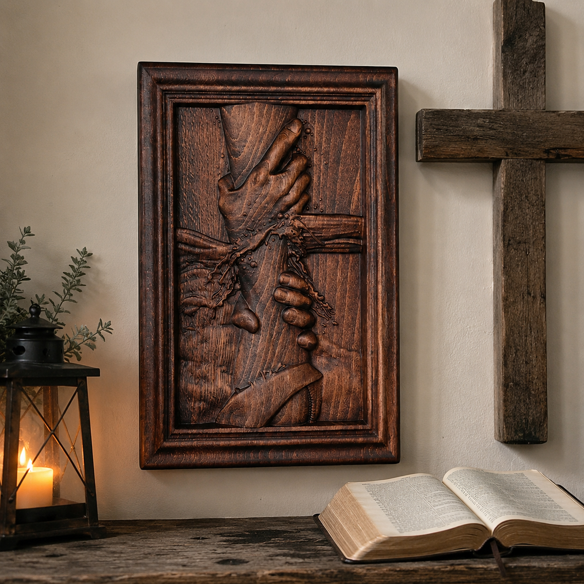 God's Redeeming Hand Beech Wood Carving Wall Decoration - design detail