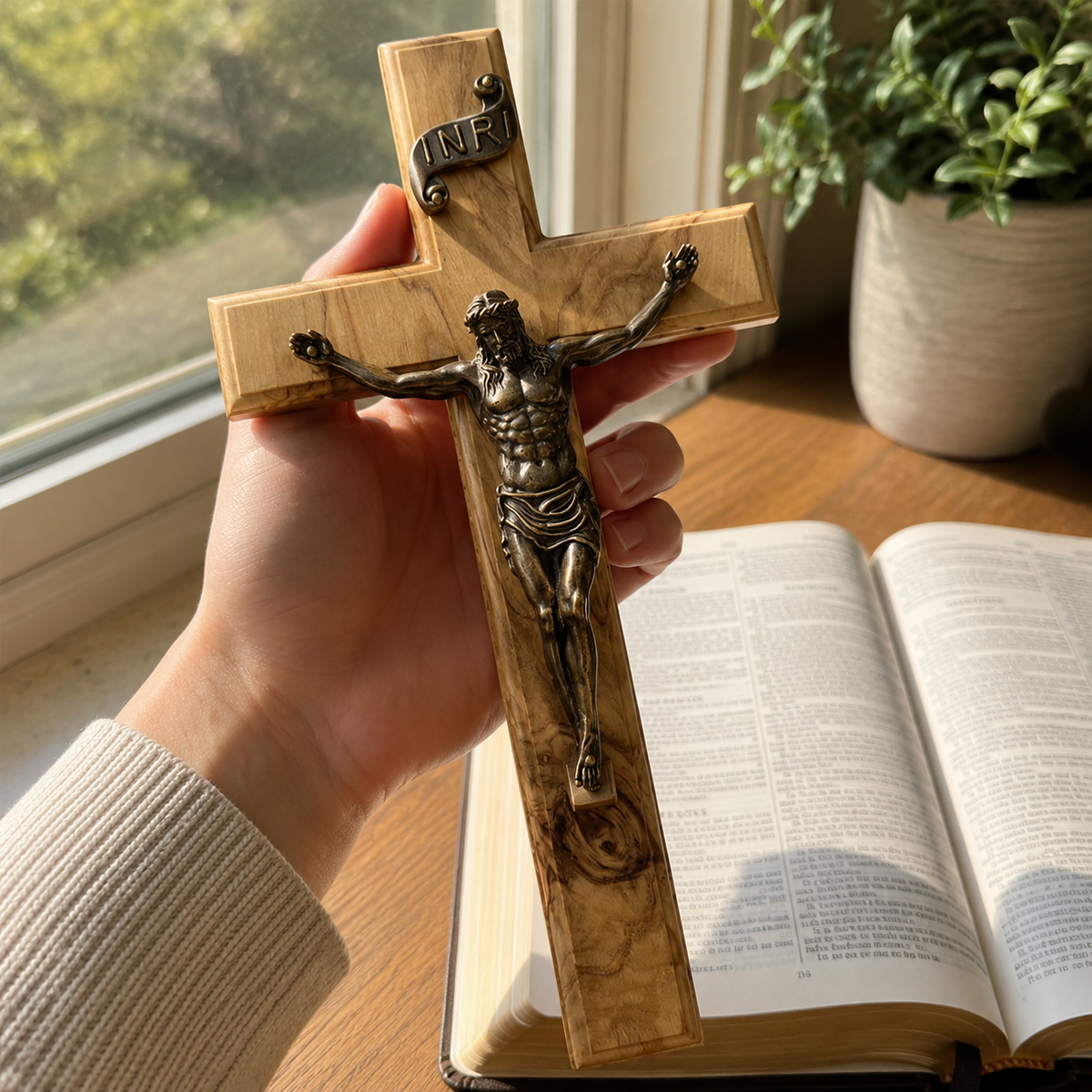Holy City Wood Olive Wood Crucifix with Bronze Christ — Handcrafted Prayer Cross - design detail