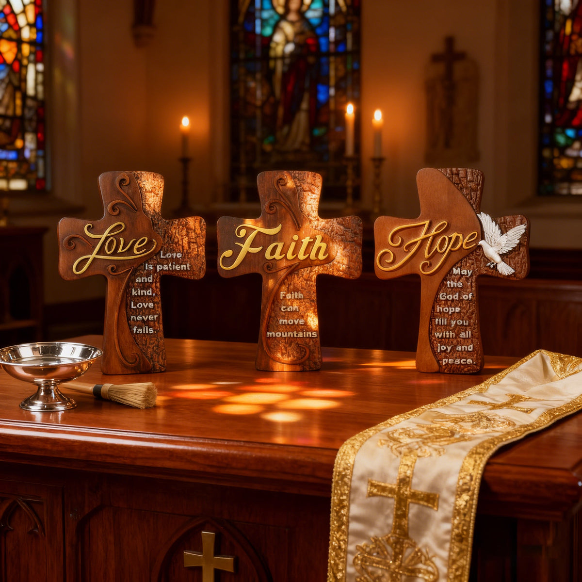 Ornate "Love" "Faith" "Hope" Wooden Cross, Solid Wood Cross - product view