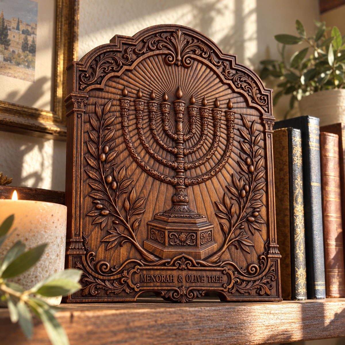 Hanukkah Menorah & Olive Tree Beechwood Plaque