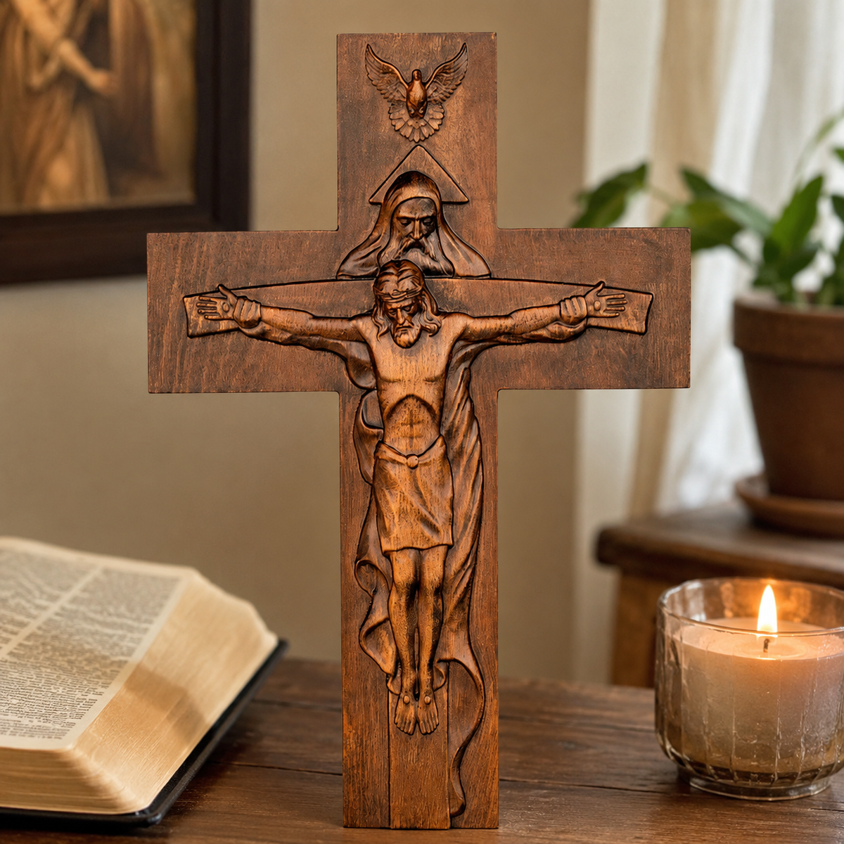 Hand-Carved Beechwood Holy Trinity Crucifix Wall Cross – Christian Home Prayer Decor - faith-inspired design detail