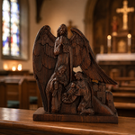Hand-Carved Holy Family & Guardian Angel Solid Wood Statue: A Faith Artwork Anchoring Divine Blessings for Your Home
