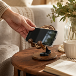 Black Walnut St. Benedict Cross Phone Stand—Foldable and Adjustable Christian Desktop Stand - size and finish detail