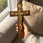 Hand-Carved Rose Cross Wall Art ✝️🌹 | Solid Beechwood Christian Decor with Golden Flowers
