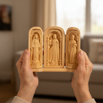 Hand-Carved Travel Triptych Altar: The Holy Family at Your Side - size and finish detail