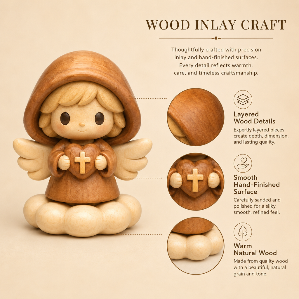 Wooden Angel Blessing Figurine – Original Wood Inlay Craft Gift Decor