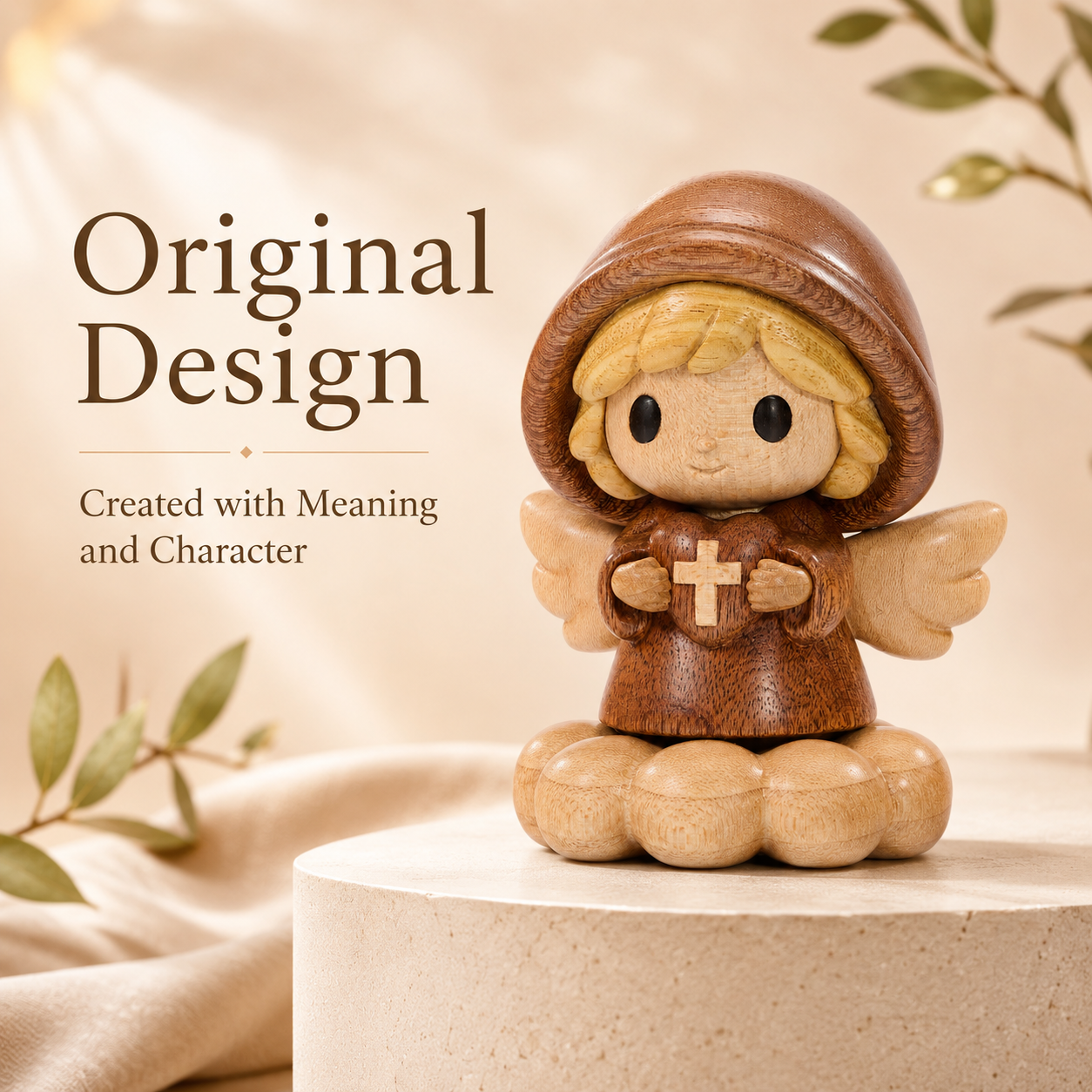 Wooden Angel Blessing Figurine – Original Wood Inlay Craft Gift Decor