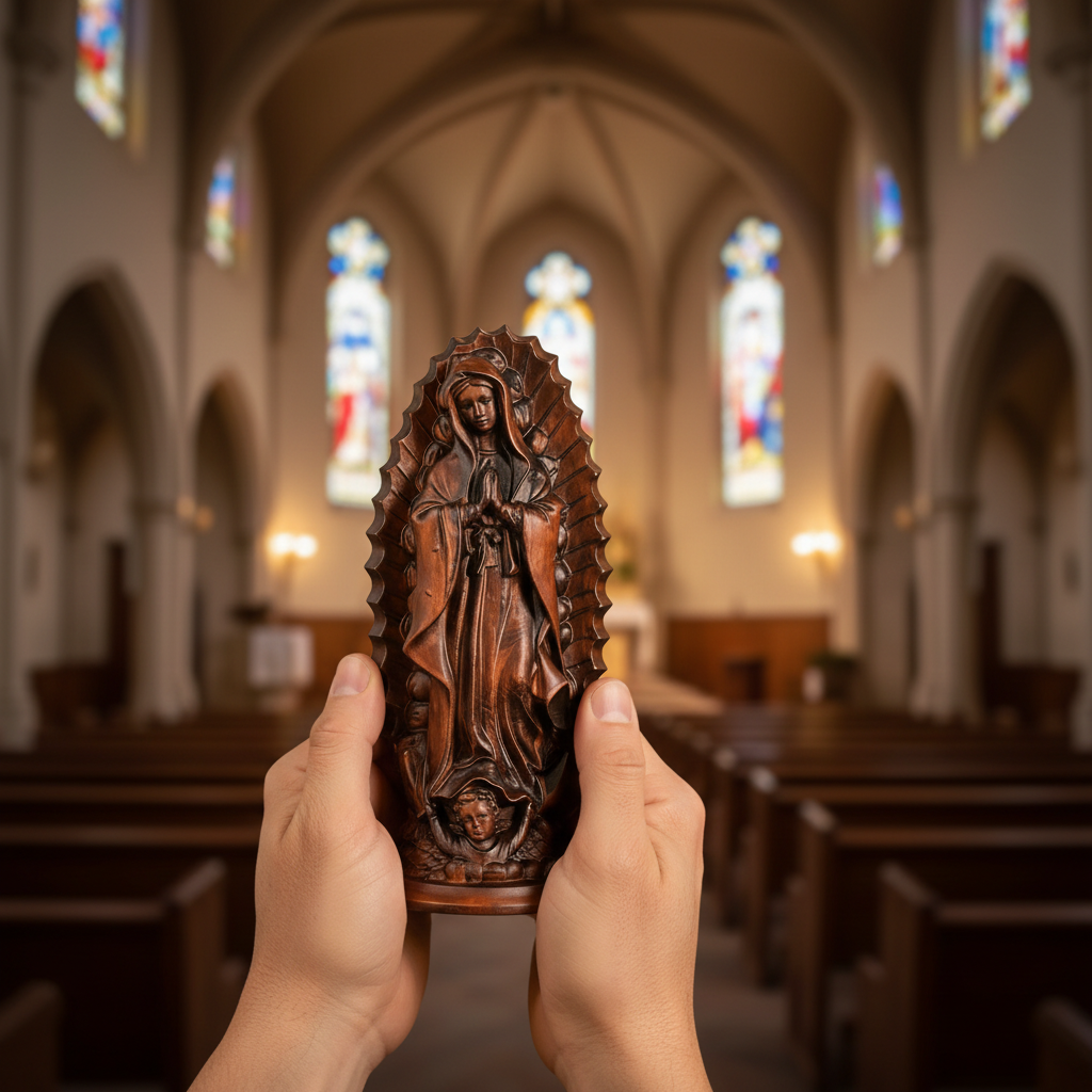 Our Lady of Guadalupe Round Wooden Tabletop Ornament - design detail
