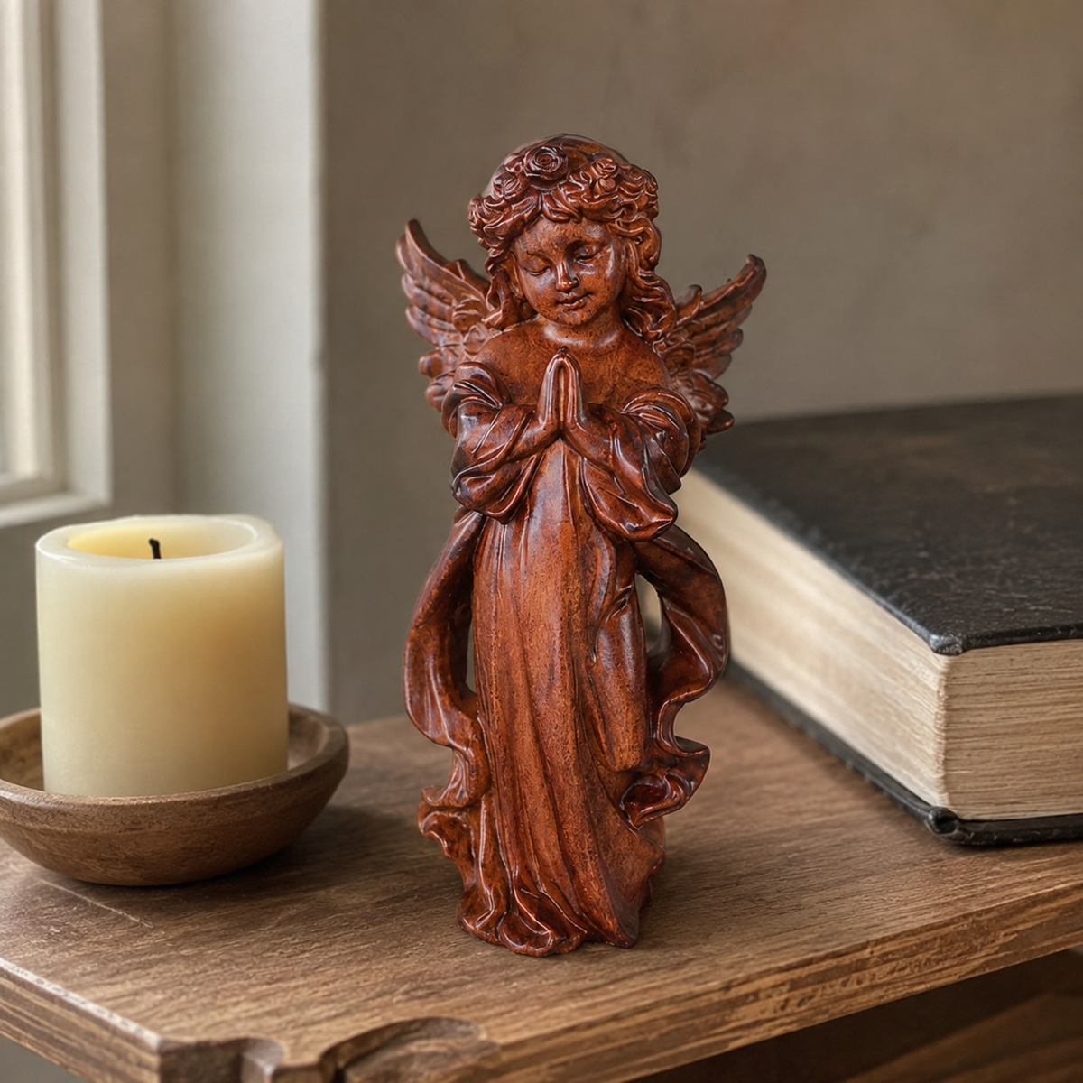 Hand-Carved Praying Angel Figurine – 6 Inch Solid Wood Statue for Christian Home Blessings