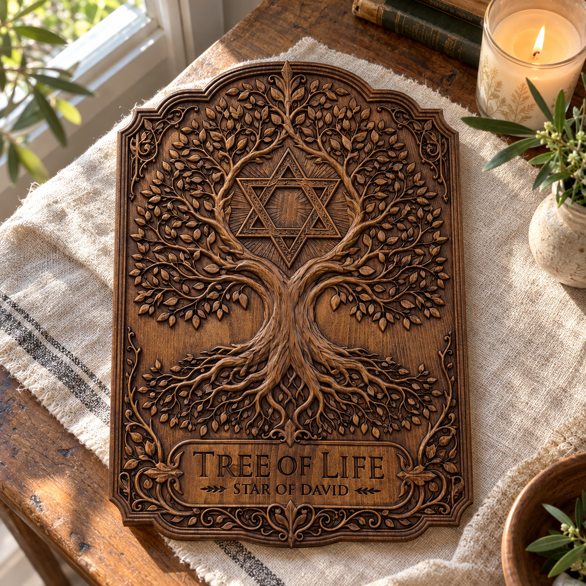Tree of Life & Star of David Beechwood Wall Plaque
