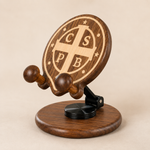 Black Walnut St. Benedict Cross Phone Stand—Foldable and Adjustable Christian Desktop Stand - design detail