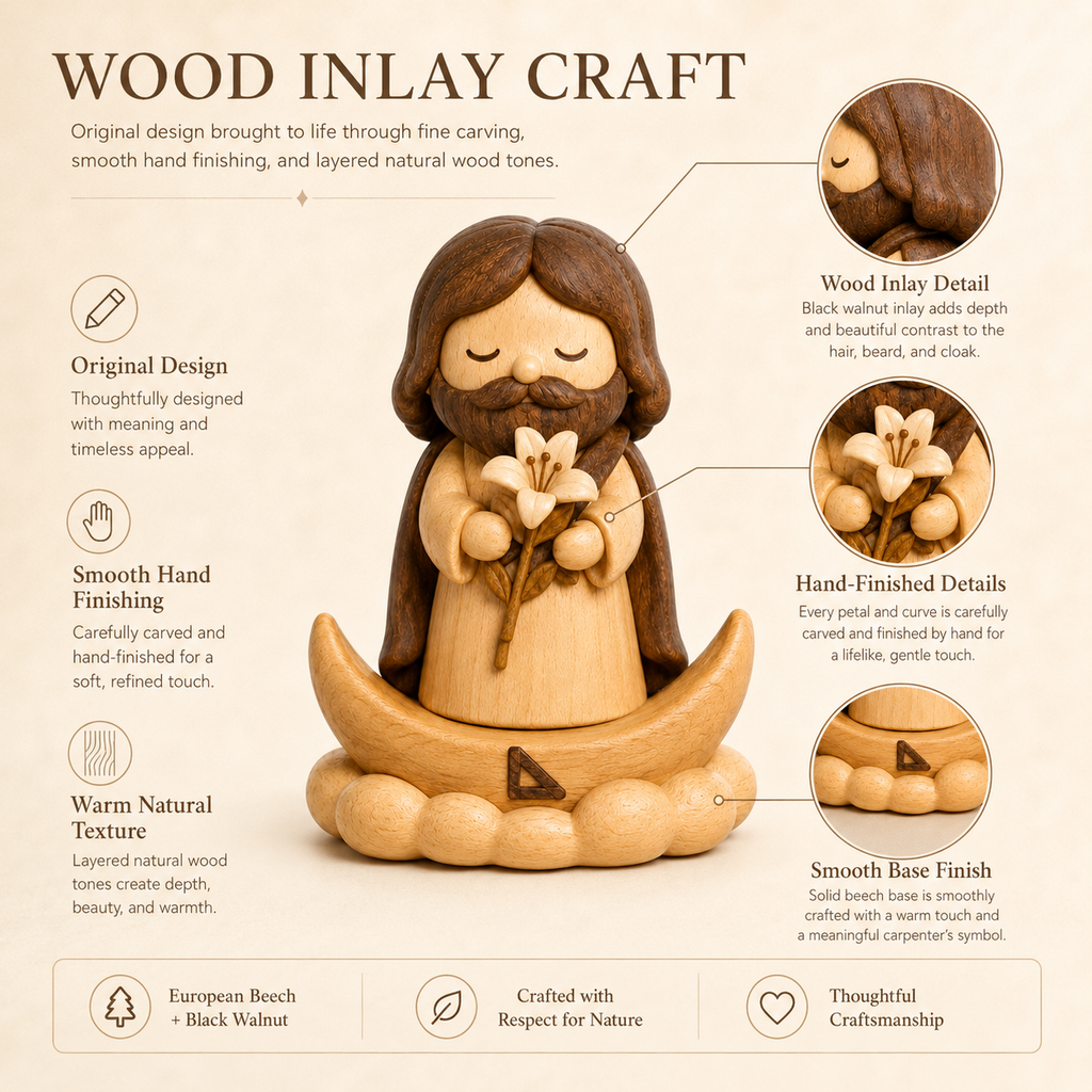 St. Joseph with Lily Wooden Figurine – Original Wood Inlay Blessing Decor