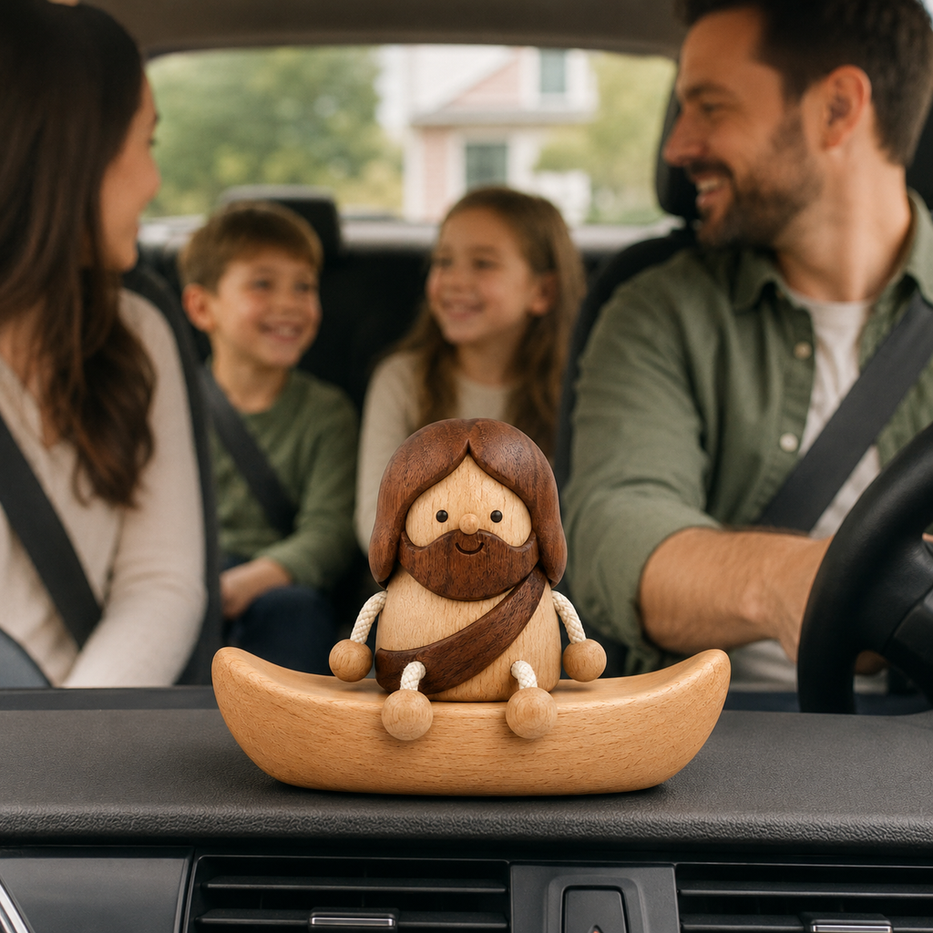 Wooden Jesus Dashboard Decor with Hidden Parking Number Display