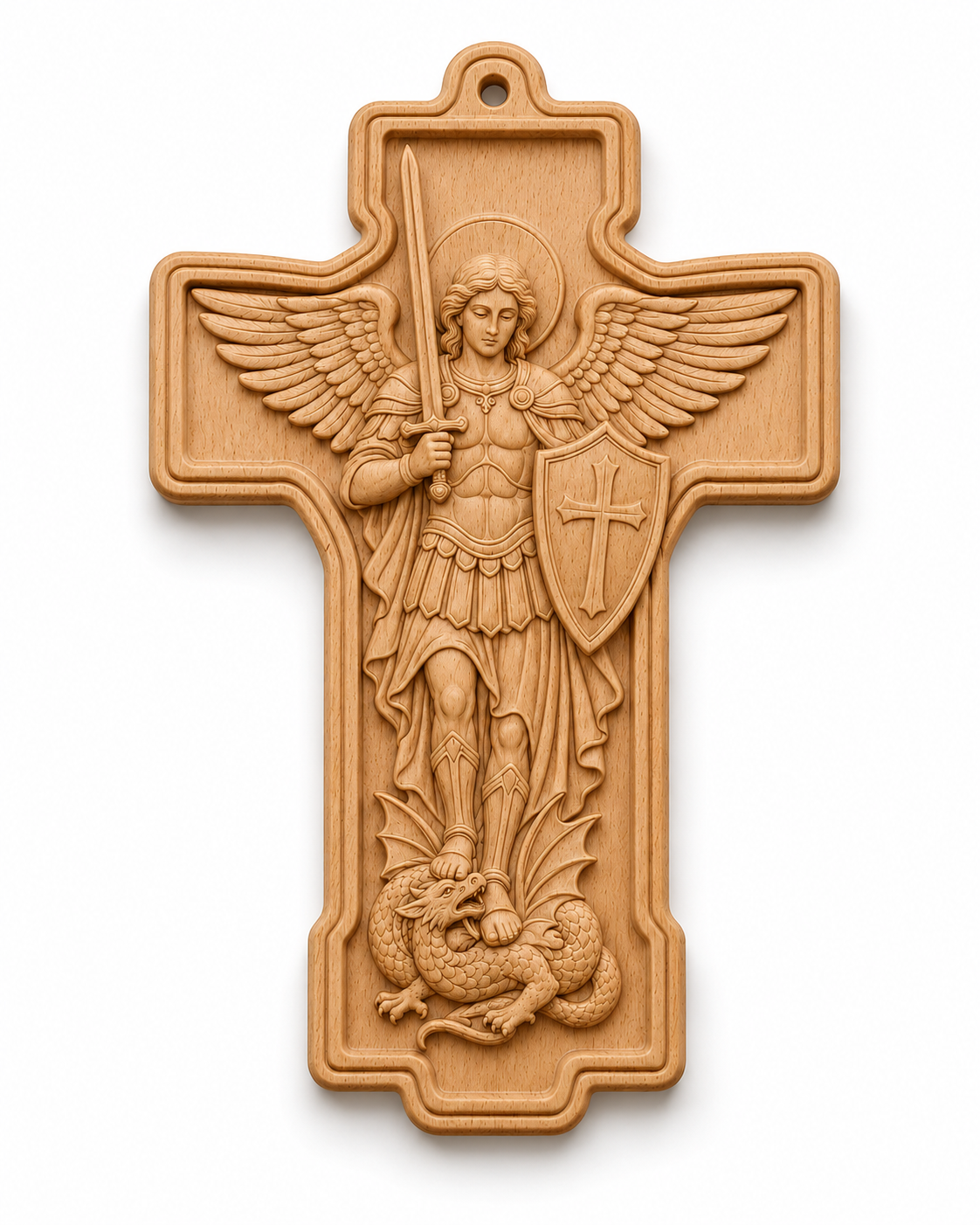 St. Michael Wooden Wall Cross – Beech Wood Relief Carving Christian Wall Plaque