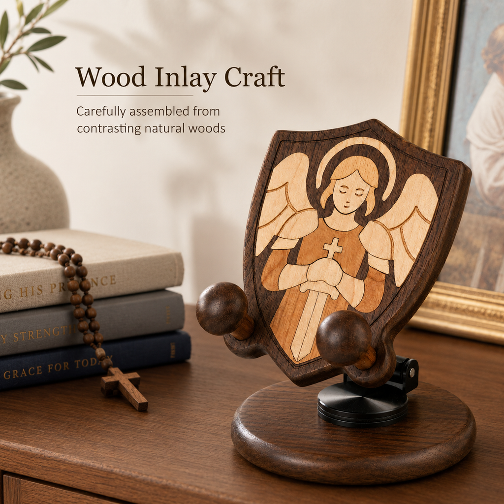 Guardian Angel Wooden Phone Stand – Original Wood Inlay Desk Holder