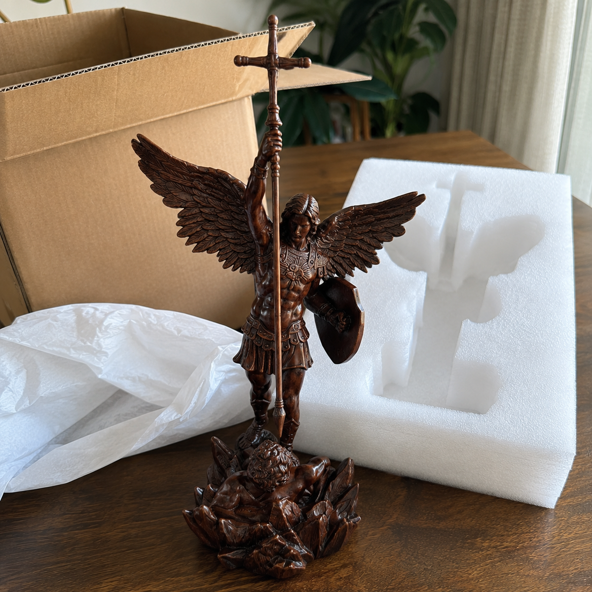 St. Michael the Archangel - Hand Carved Boxwood Sculpture - Spiritual Guardian for Prayer Spaces - side view