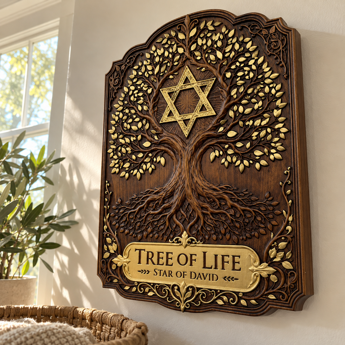 Tree of Life & Star of David Beechwood Wall Plaque