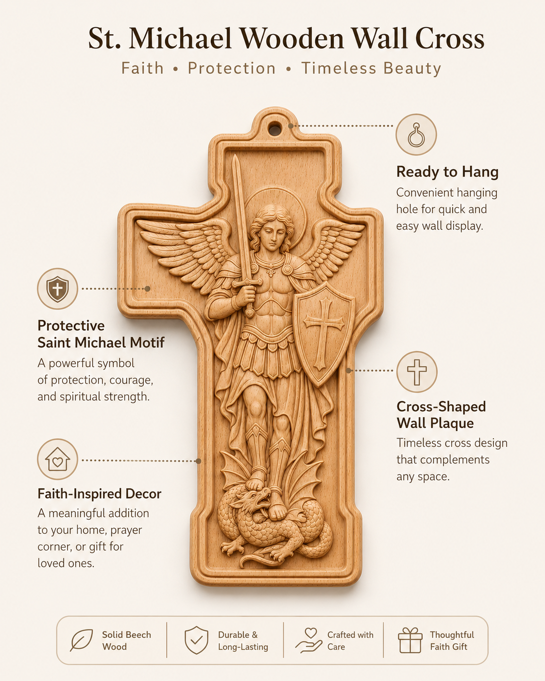 St. Michael Wooden Wall Cross – Beech Wood Relief Carving Christian Wall Plaque