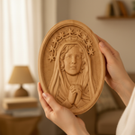 Our Lady in Tears and Prayer with a Nine-Star Halo — Hand-Carved Beechwood Statue - size and finish detail