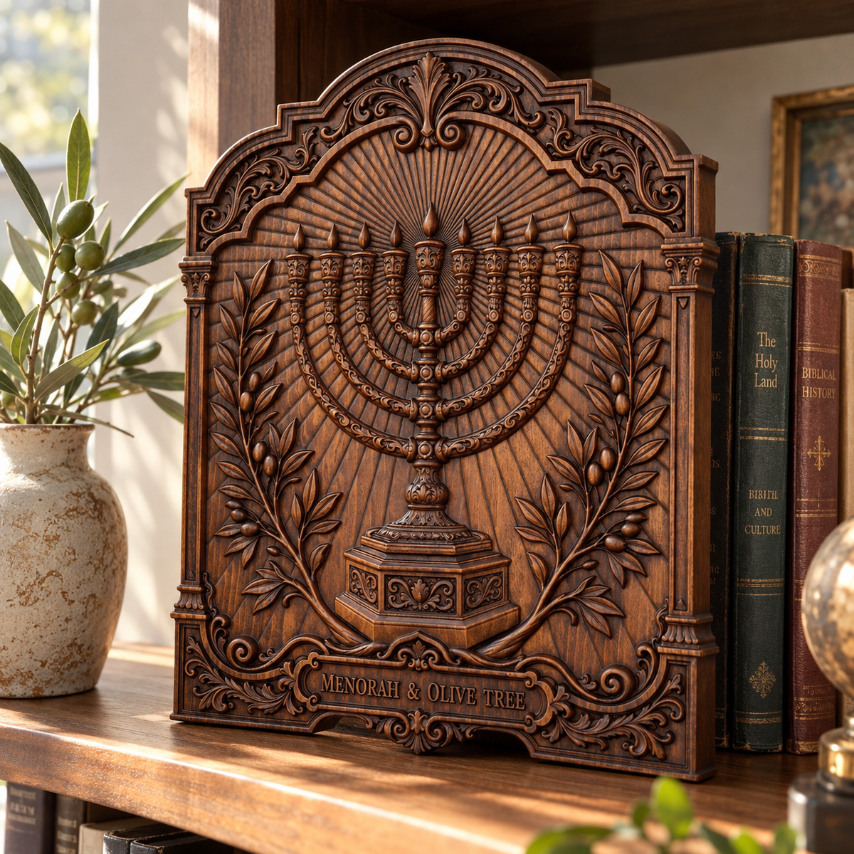Hanukkah Menorah & Olive Tree Beechwood Plaque