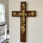 Hand-Carved Rose Cross Wall Art ✝️🌹 | Solid Beechwood Christian Decor with Golden Flowers