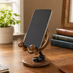 Black Walnut St. Benedict Cross Phone Stand—Foldable and Adjustable Christian Desktop Stand - size and finish detail