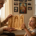 Hand-Carved Travel Triptych Altar: The Holy Family at Your Side - craftsmanship detail