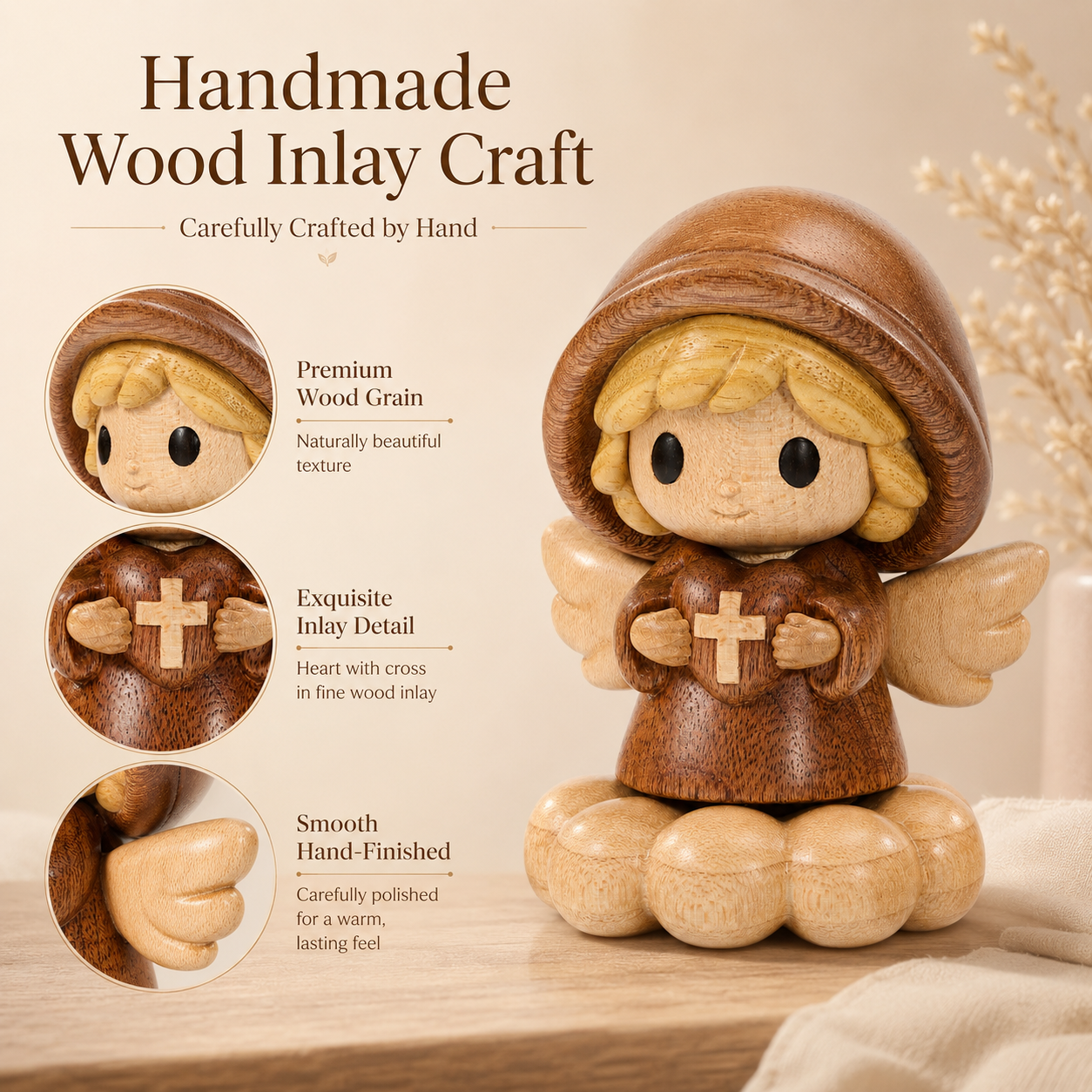 Wooden Angel Blessing Figurine – Original Wood Inlay Craft Gift Decor