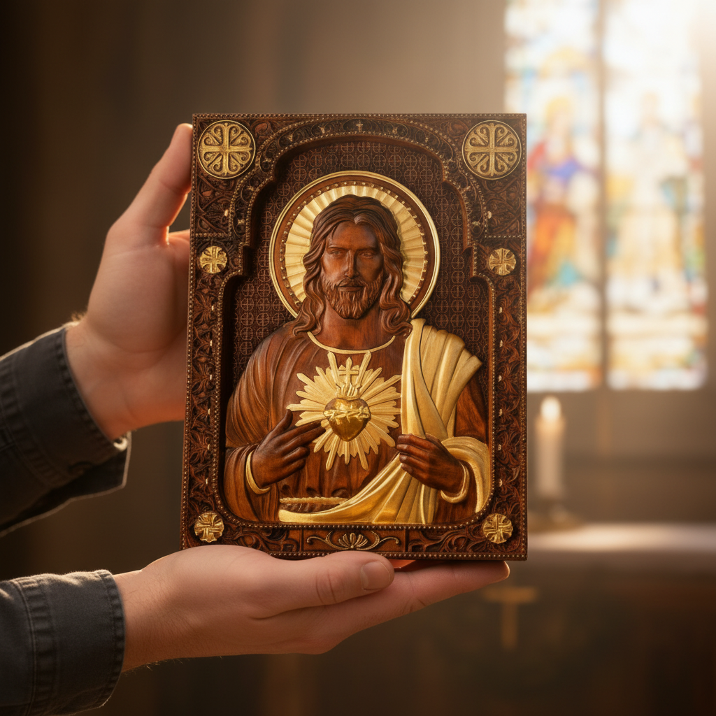 Sacred Heart Wood Carvings: Jesus & Mary, Handcrafted Tokens of Divine Love for Christian home decor and prayer spaces